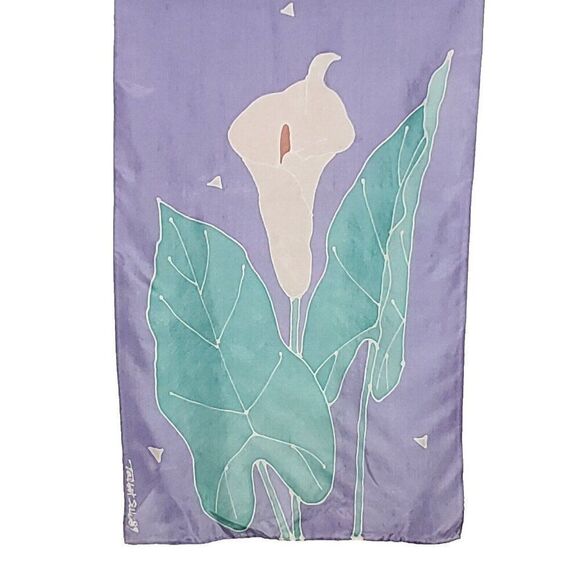 Silk Floral Scarf Calla Lily Rectangle Purple Green Pink Hand Painted Talbots - Picture 2 of 3